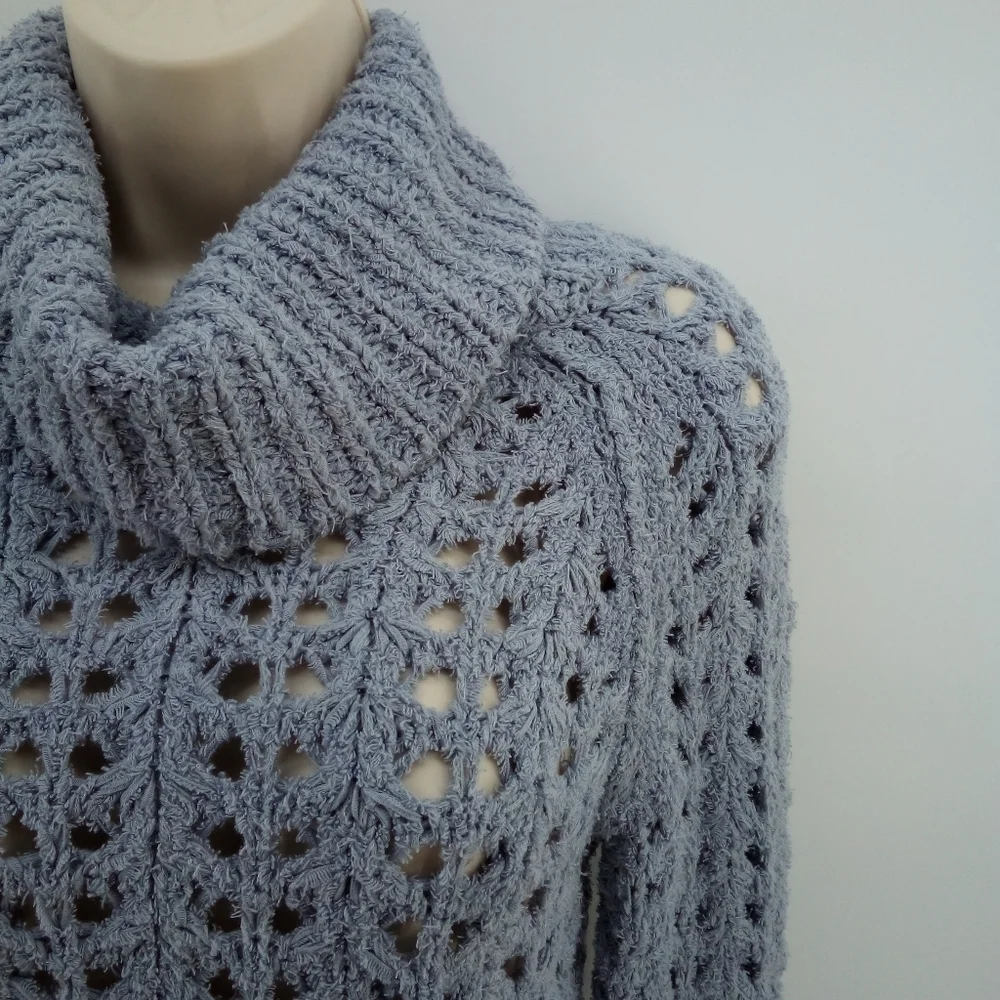 Free People Cropped Gray Open Knit Ribbed Cotton Blend Turtleneck XS